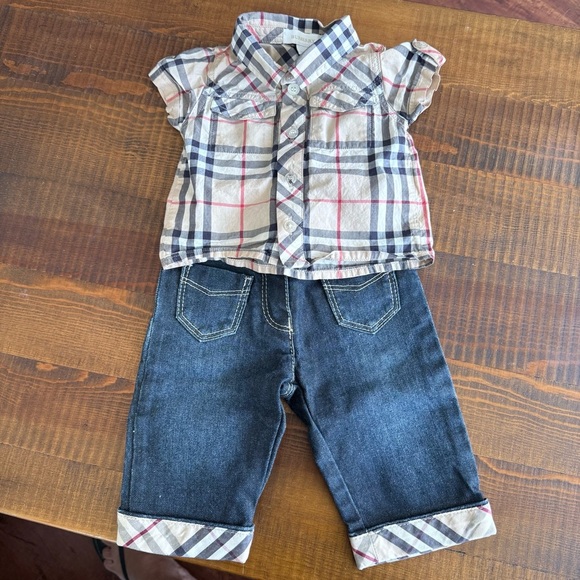 Baby kid set shirt button down + pants jean elastic belt 1/3 months Burberry - Picture 1 of 6